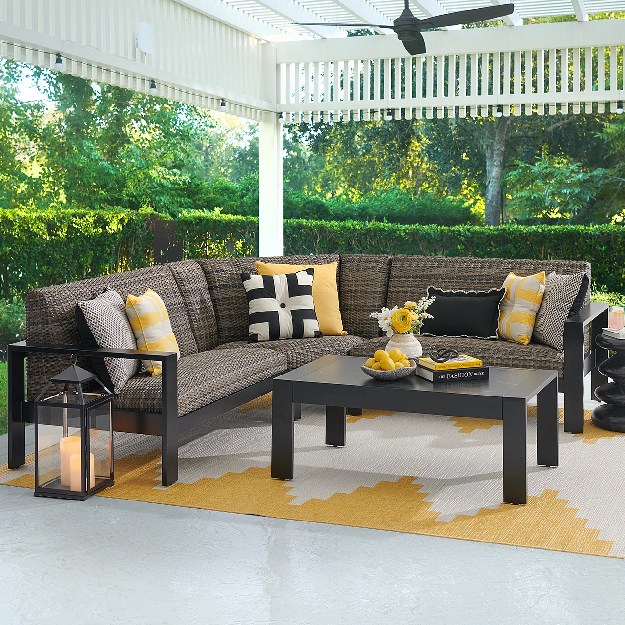 Chelsea Textured Black Aluminum And Weathered Teak Outdoor Wicker With Concealed Cushions 4 Piece Swivel Sofa Group + 46 X 26 In. Coffee Table