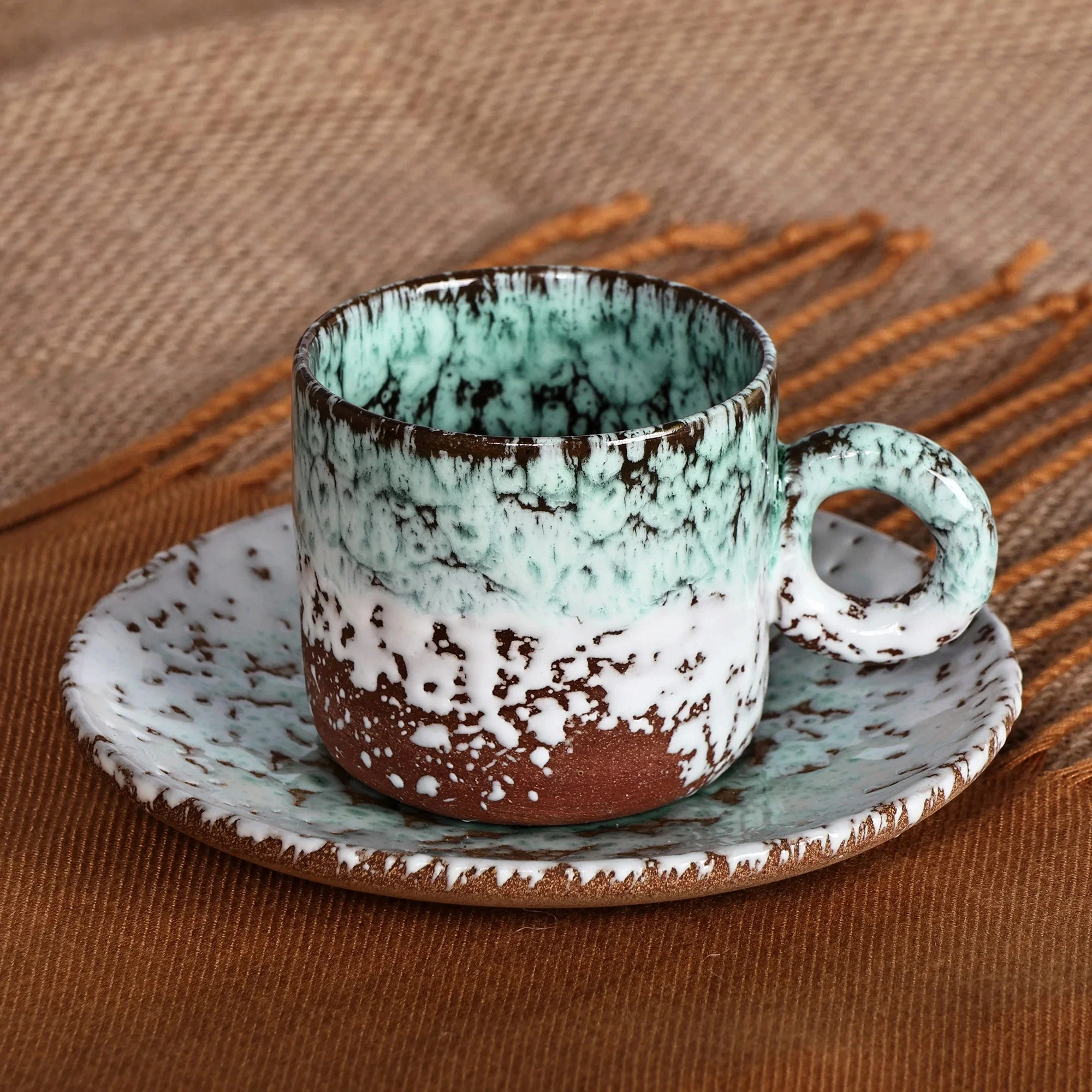 Handcrafted Aqua And Brown Ceramic Cup And Saucer - Aqua Coffee Breeze | Novica