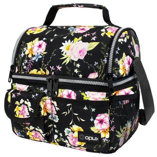 Two-sided Double Deck Insulated Lunch Box - 16 Cans - Floral Black