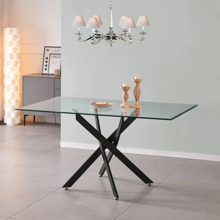 150cm Rectangular Glass Dining Table – Amara With Black Metal Cross Legs