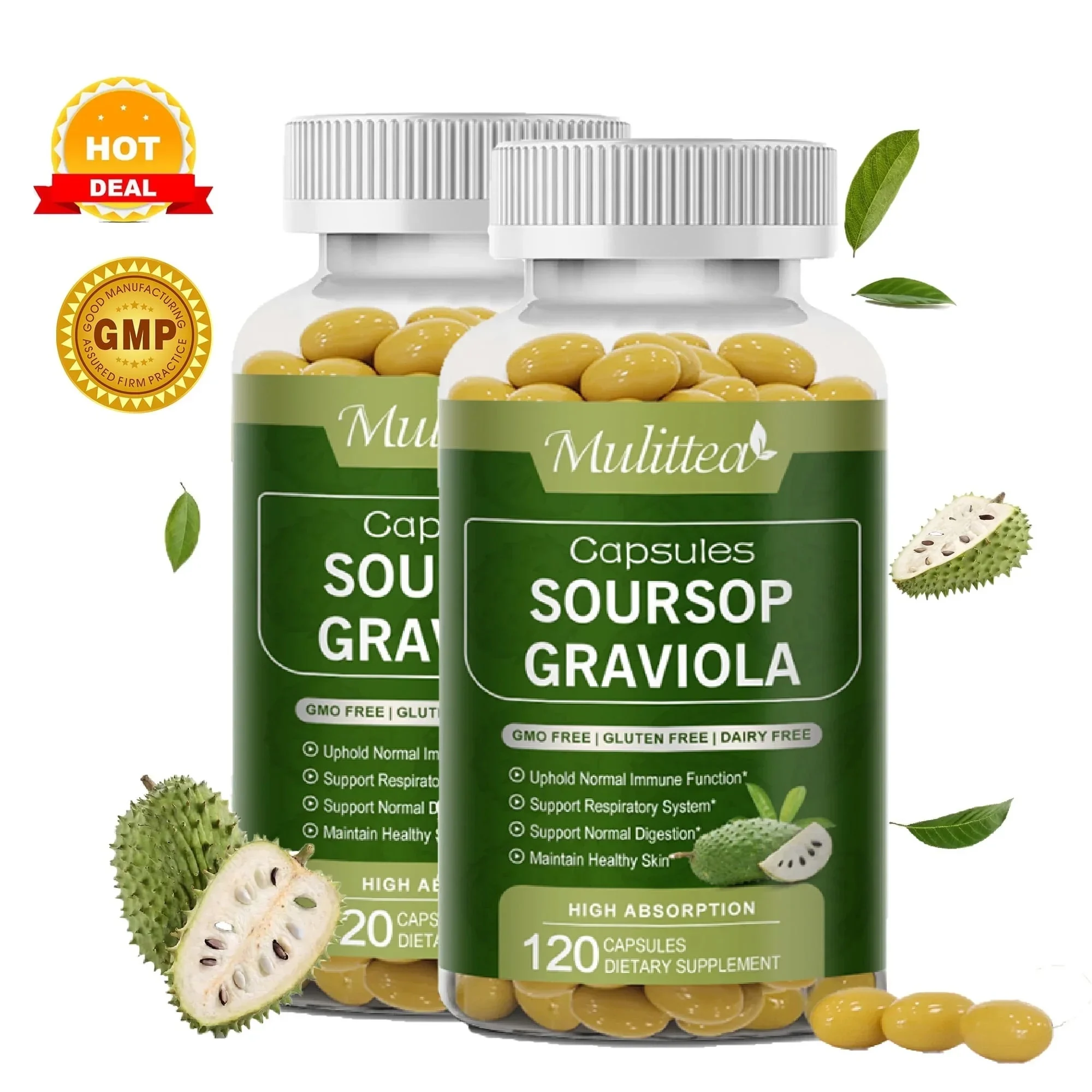 Mulittea Soursop Graviola Capsules – 1000mg Per Serving – 120 Capsules - 120pcs*2