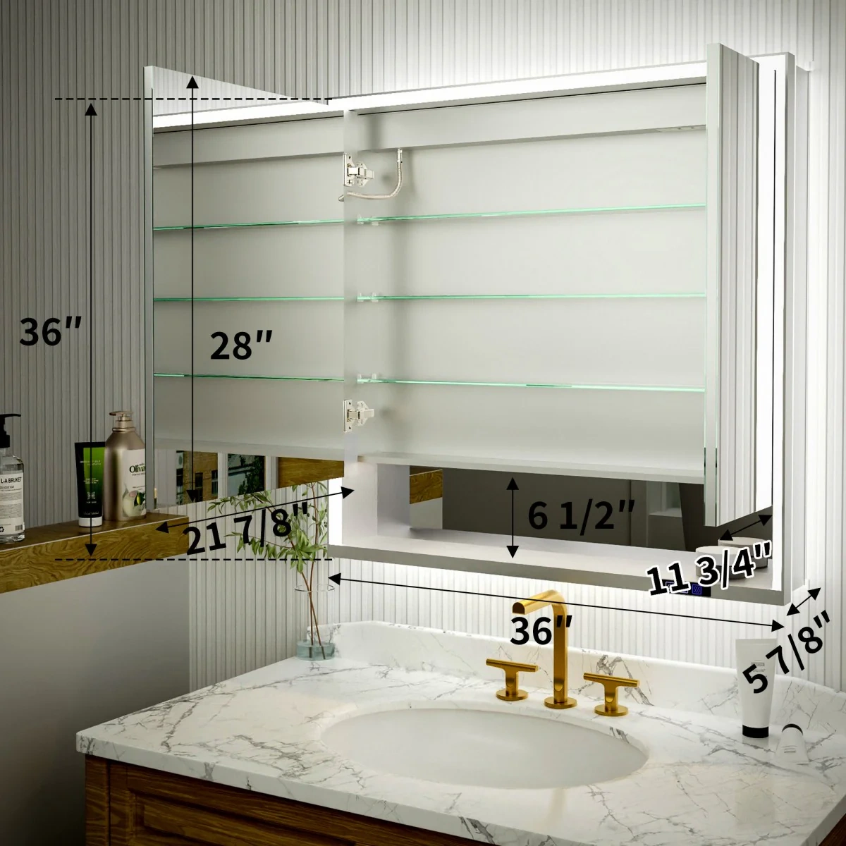 Ample 36" W X 36" H Led Lighted Chrome Medicine Cabinet With Mirror And Shelves For Bathroom Recessed Or Surface Mount