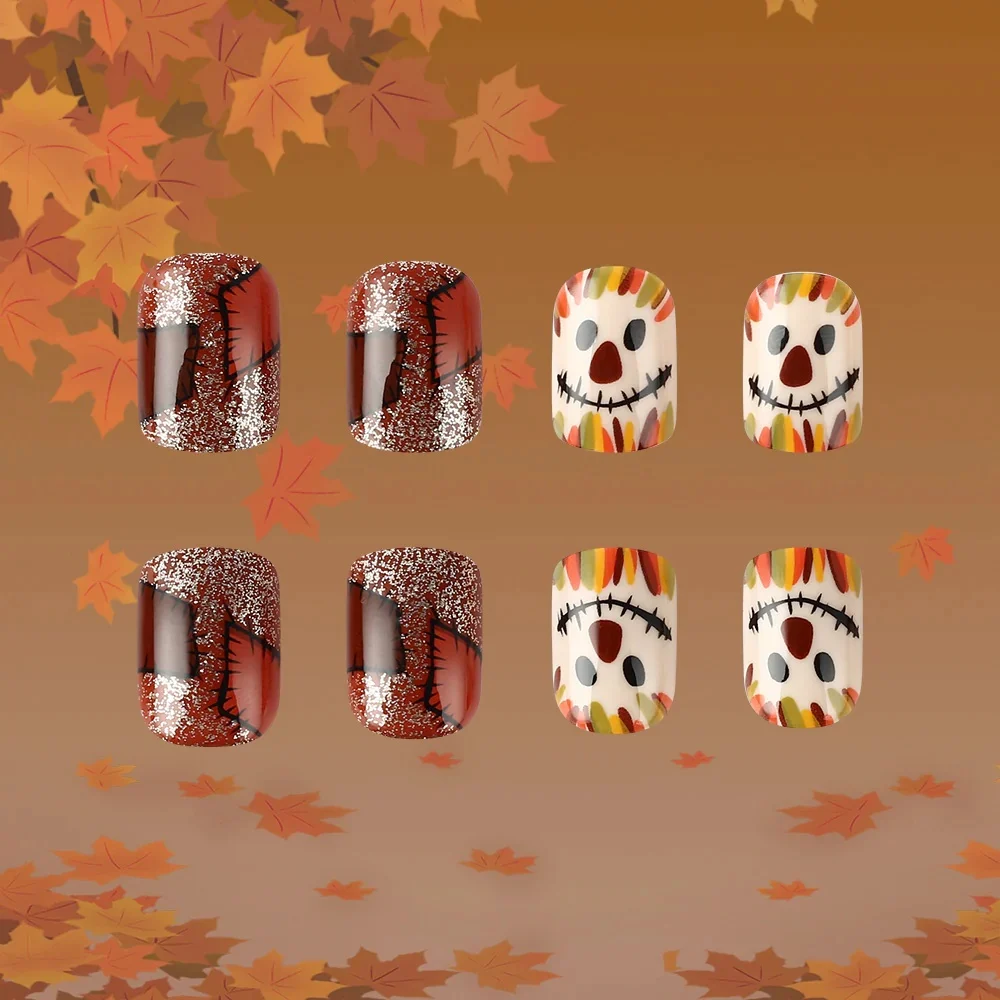 Spooky Autumn Vibes Short Square Red Orange And White Press On Nail Set With Glitter And Halloween Designs