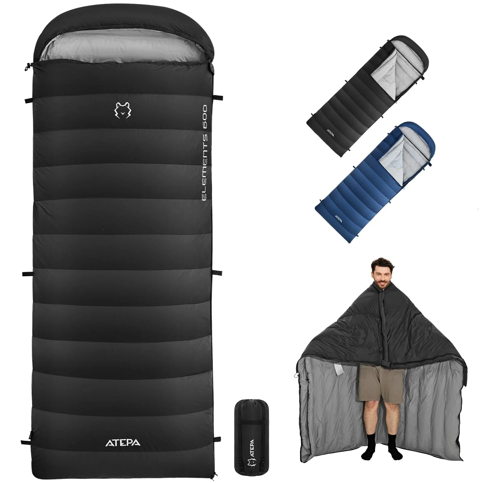 Atepa Elements 600 Down Sleeping Bag - Wearable - Black
