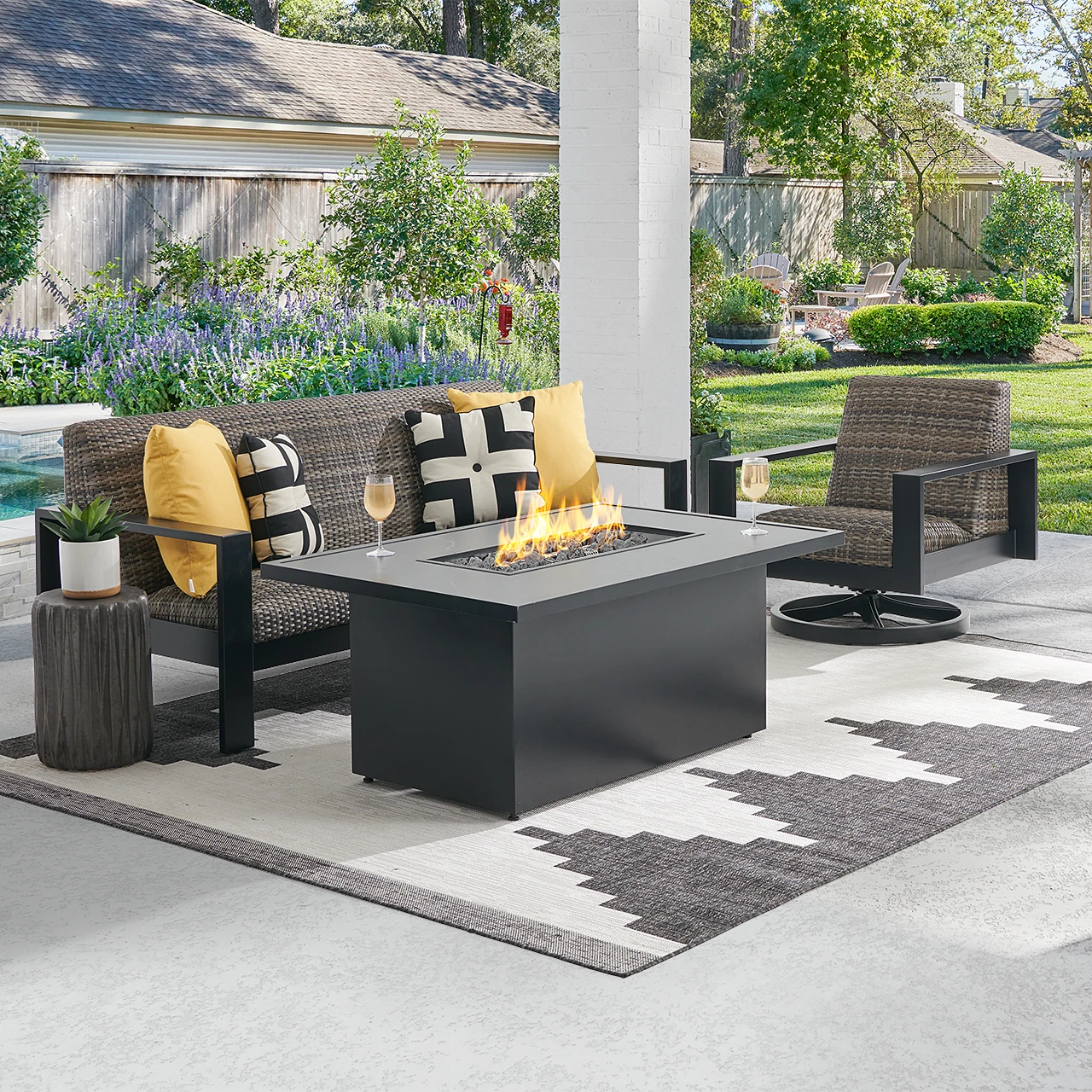 Chelsea Textured Black Aluminum And Weathered Teak Outdoor Wicker Concealed Cushions 3 Piece Swivel Sofa Group + 52 X 32 In. Fire Pit Table