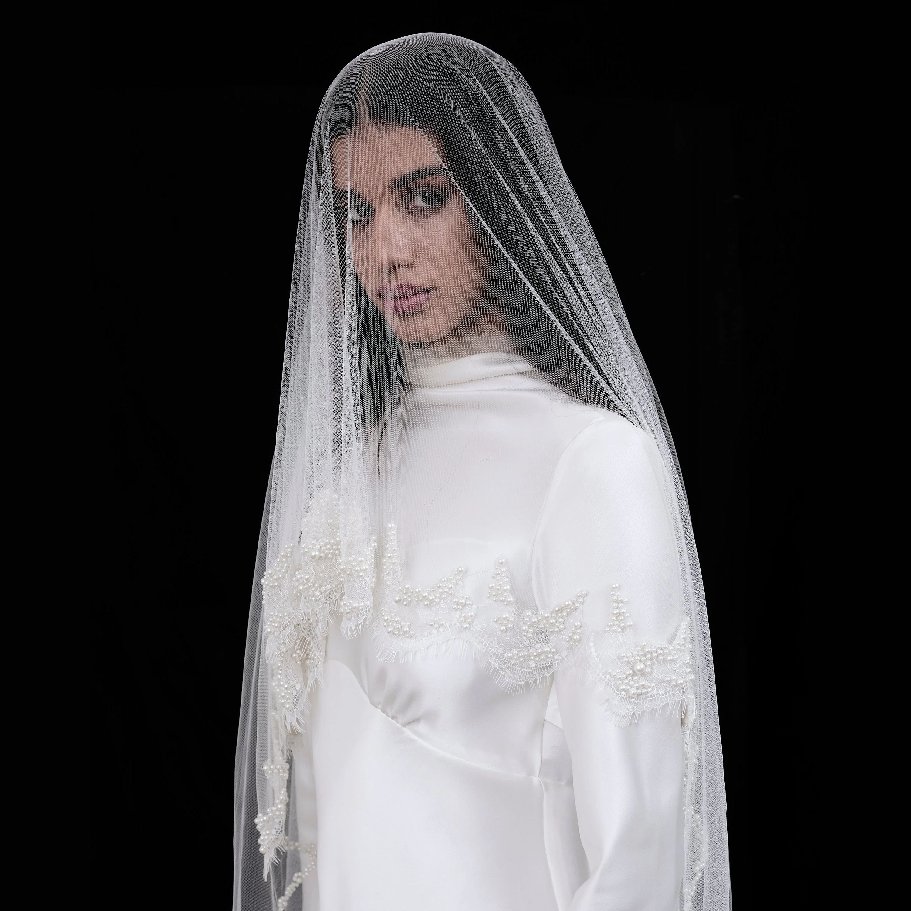 Harper Pearl Beaded Lace Veil - Tulle/118” / 300 Cm Cathedral Length/ivory