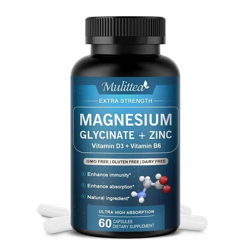 Mulittea Magnesium Glycinate 500mg Capsules With Zinc Vitamin D3 & B6 - Promotes Nerve, Bowel, Relaxation Function Vegan Capsules For Women & Men