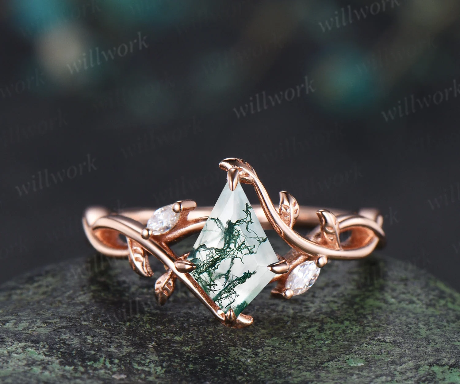 Kite/heart/princess/hexagon Cut Nature Inspired Twig Natural Green Moss Agate Engagement Ring Twisted Infinity Promise Ring Anniversary Gift - Platinum