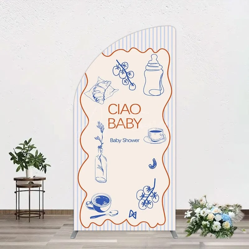 Aperturee Ciao Baby Blue Stripe Gender Reveal Half Moon Arch Backdrop - Fabric With Stand Combo/2 X 5 Ft (0.65 X 1.5 M)