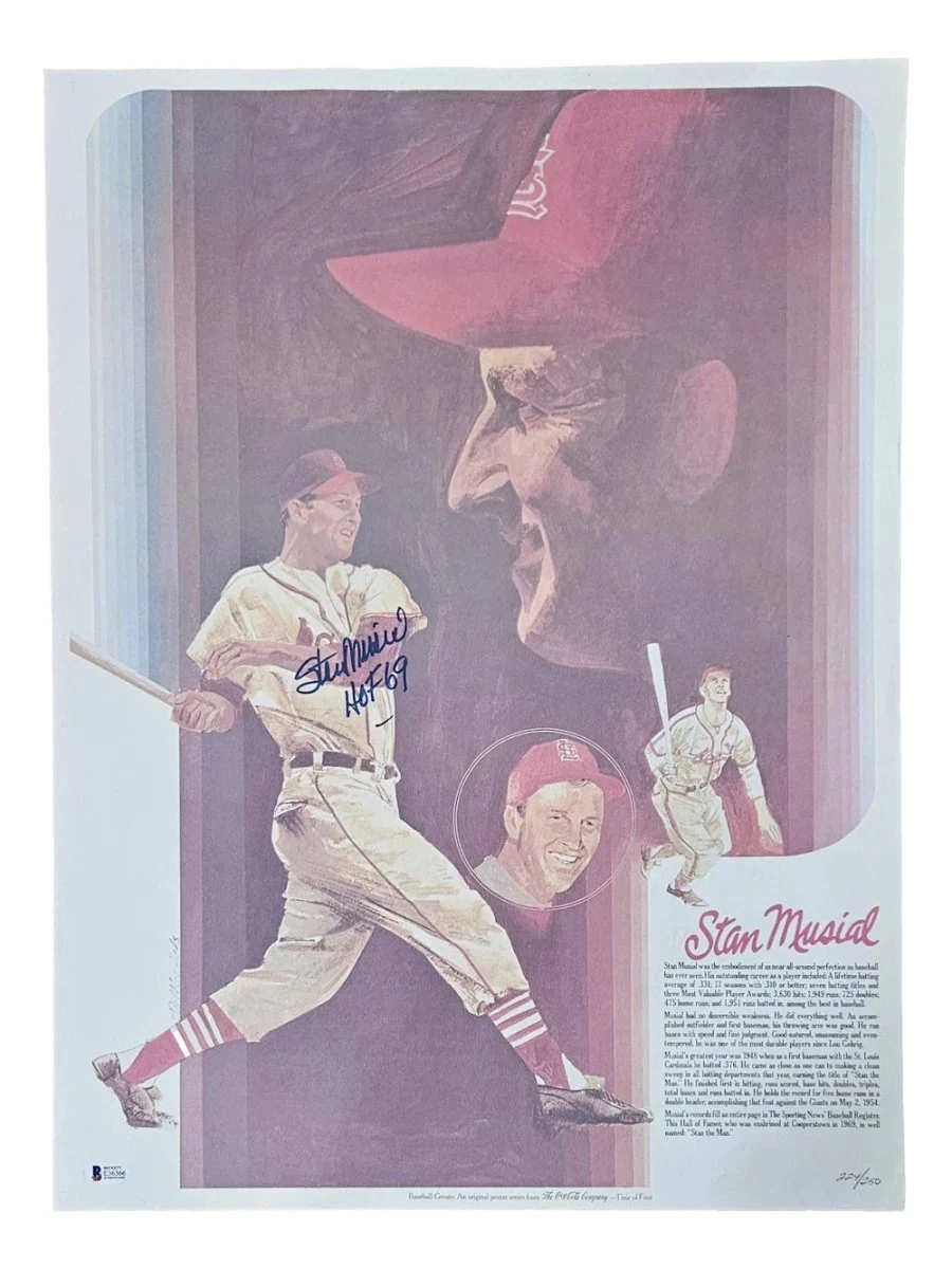 Stan Musial Signed 18x24 St. Louis Cardinals Lithograph Hof 69 Inscribed Bas