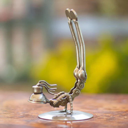 Recycled Metal Yoga Pose Statuette From Mexico - Peacock Pose I