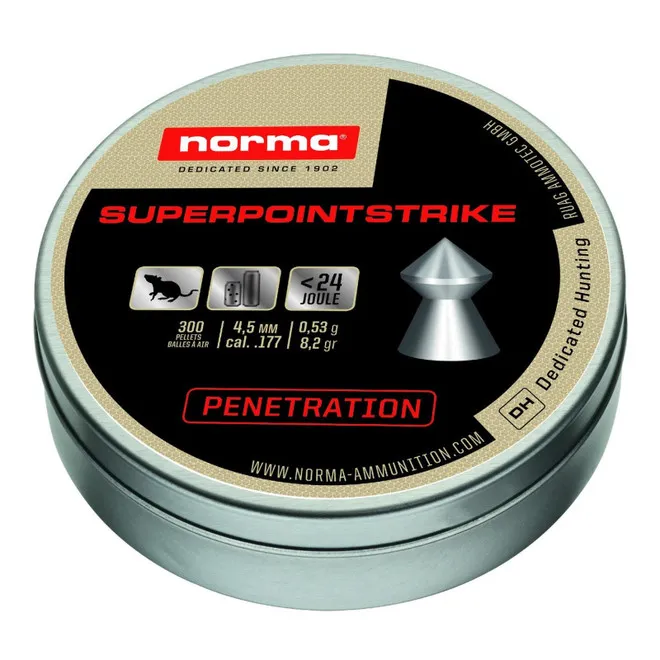 Norma Superpoint Strike Penetration Air Gun Pellets Caliber 4.5mm 8.2 Grain Tin Of 300