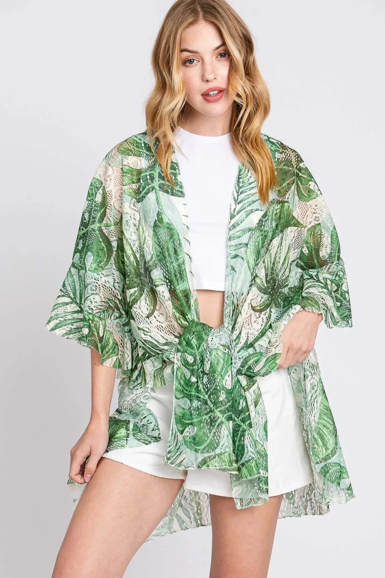 Ms0356 Ruffle Lined Tropical Leaves Kimono