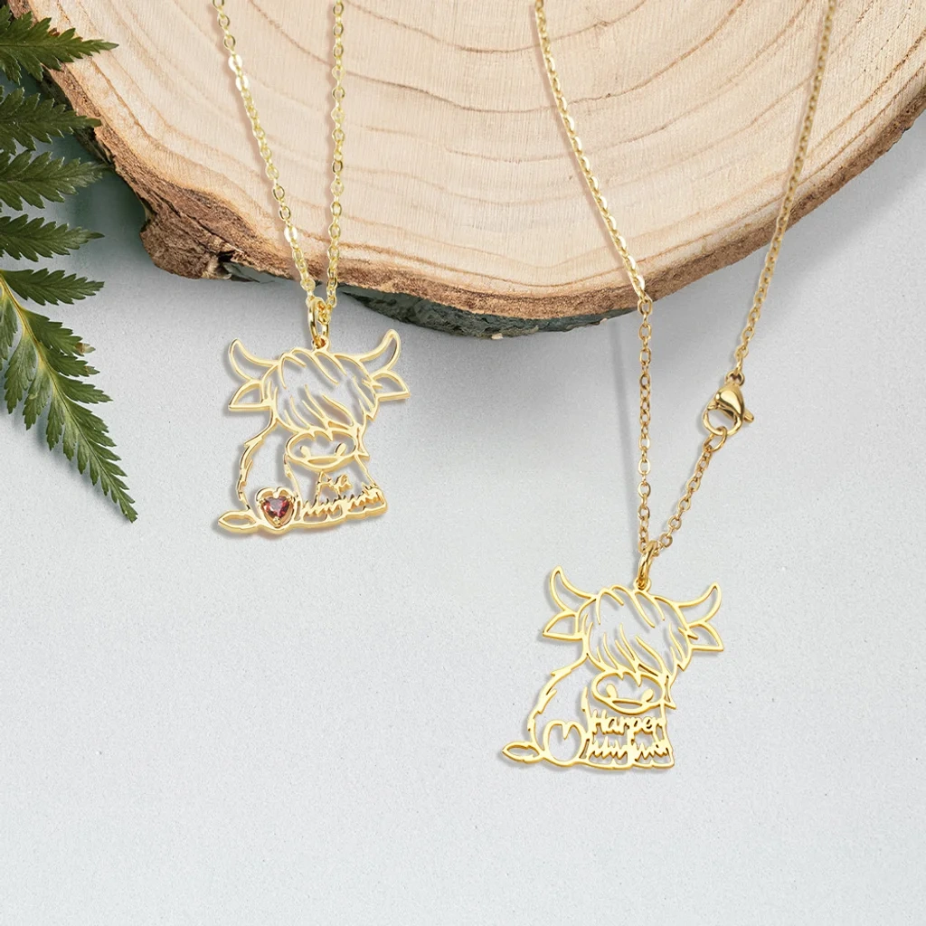 Personalised Hollow Highland Cow Heart Birthstone Necklace With Name Dainty Jewellery Birthday Anniversary Gift For Women Highland Cow Lovers