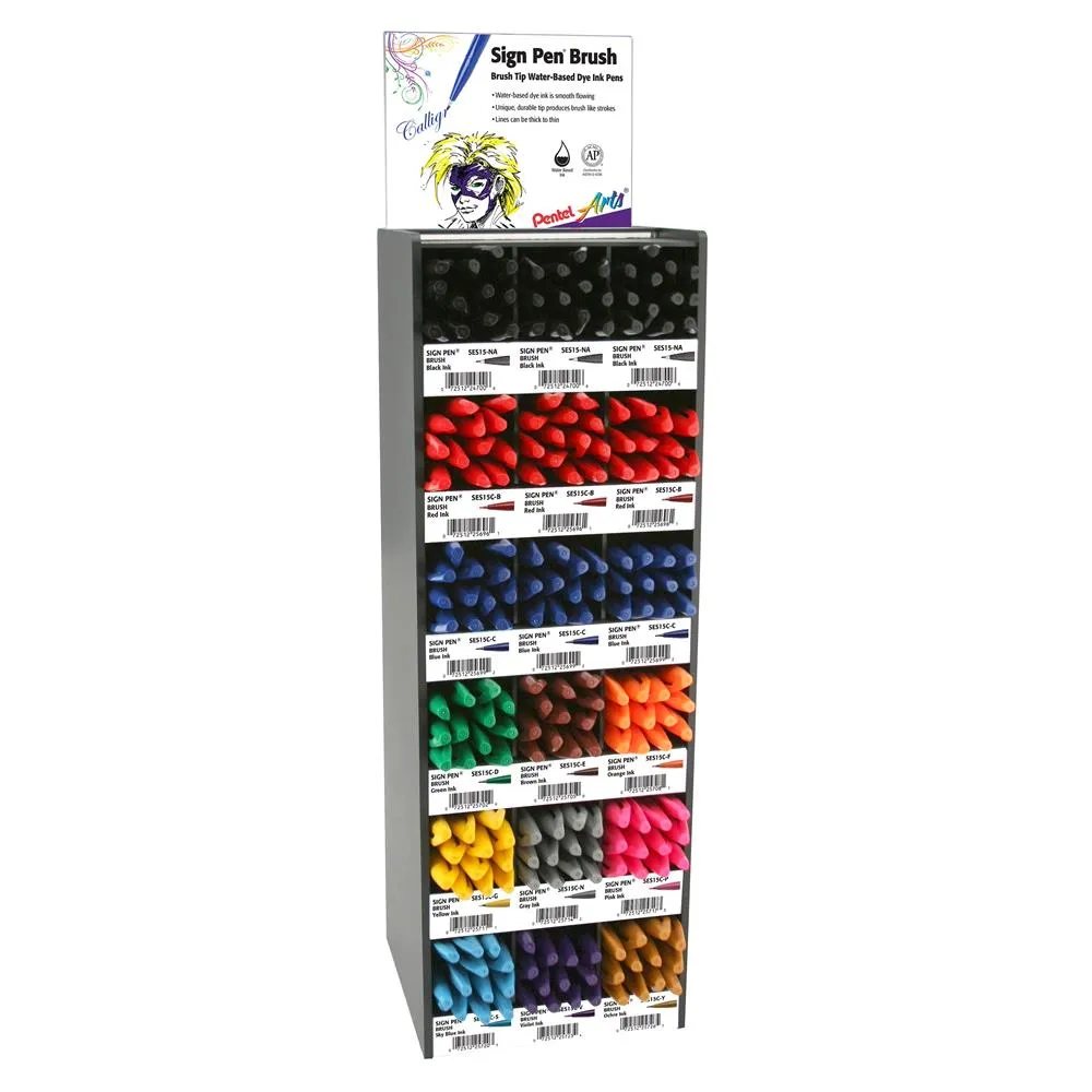 Pentel Arts Sign Pen Brush Tip Colors Tower Open Stock Display - 216 Pieces - Bulk