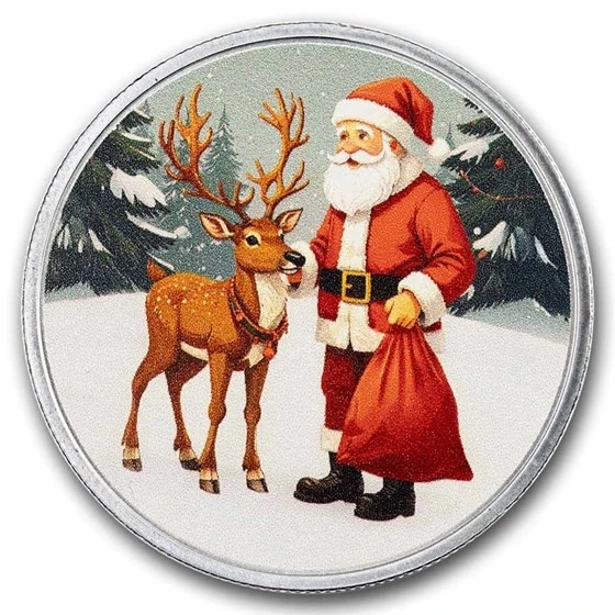 1 Oz Silver Colorized Round - Santa & Reindeer (box & Coa)