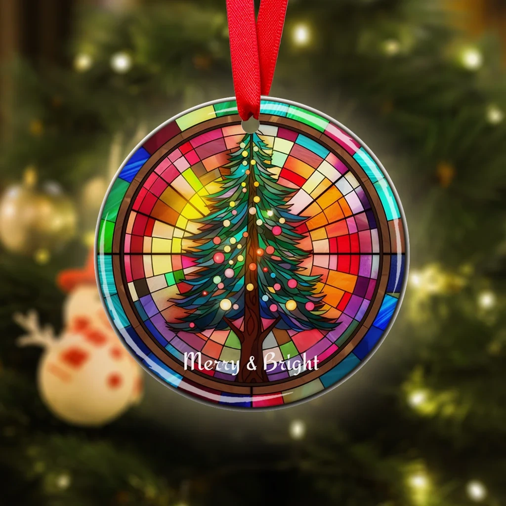 Personalised Stained Glass Christmas Tree Merry & Bright Ceramic Ornament With Text Vibrant Colour Holiday Decor Religious Christmas Gift For Family - Callie