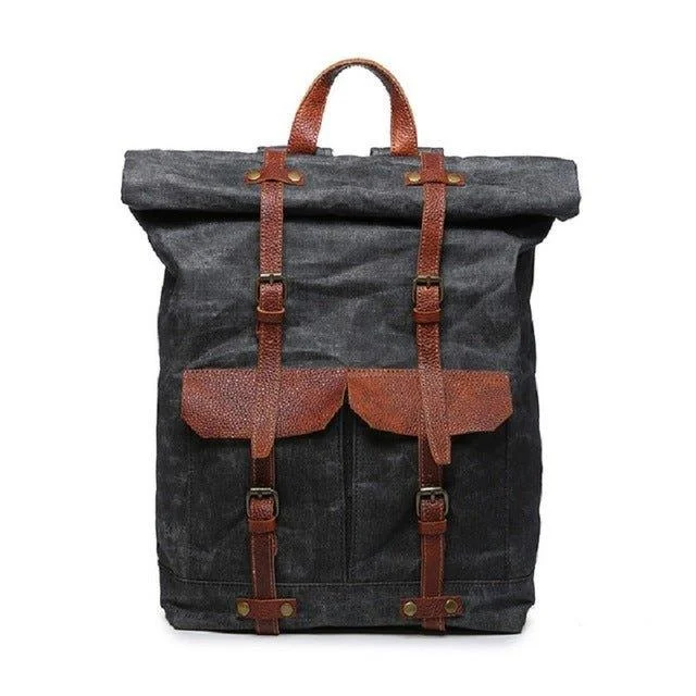 Canvas Vintage Backpack Roll Top - Black