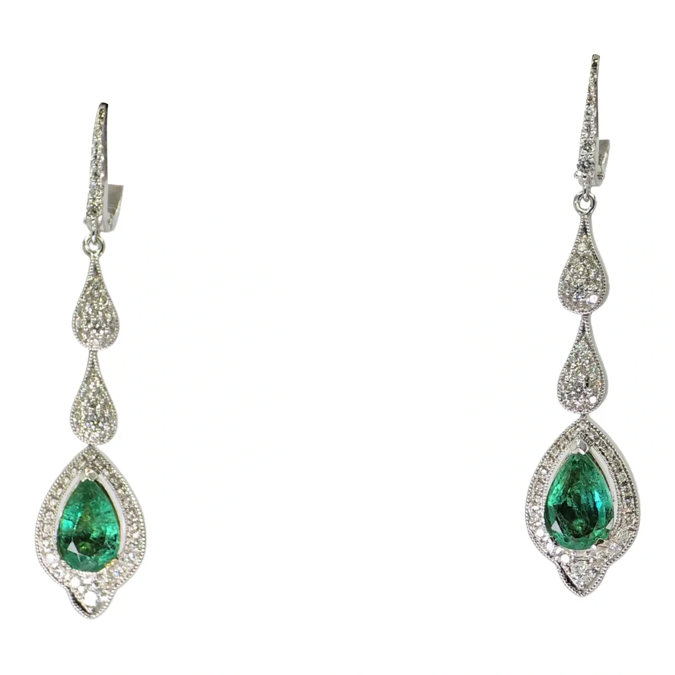 18k (750) White Gold Zambian Emerald And Natural Diamond Earrings - Set Of 2