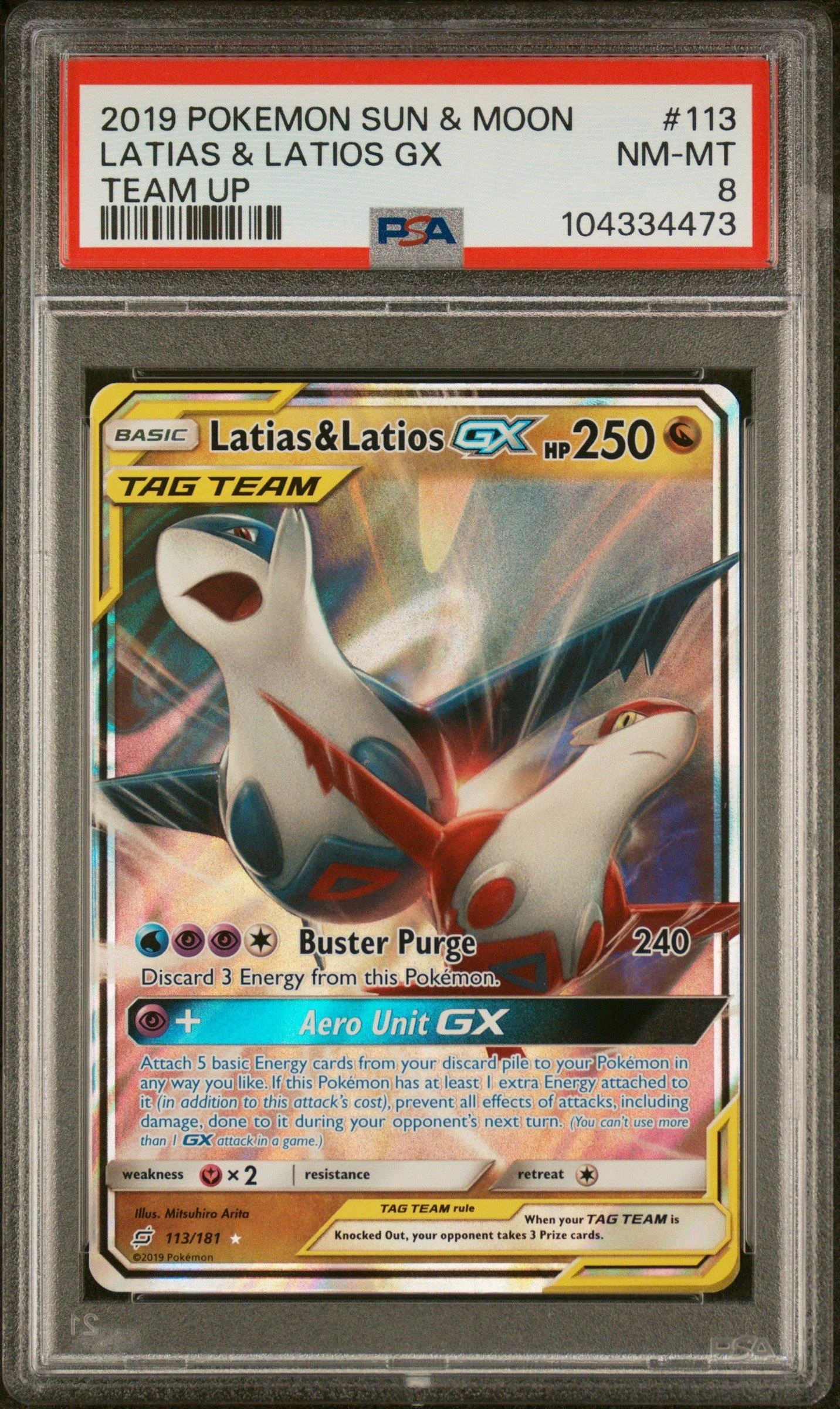 2019 Pokemon Sun & Moon Team Up 113 Latias & Latios Gx Psa 8
