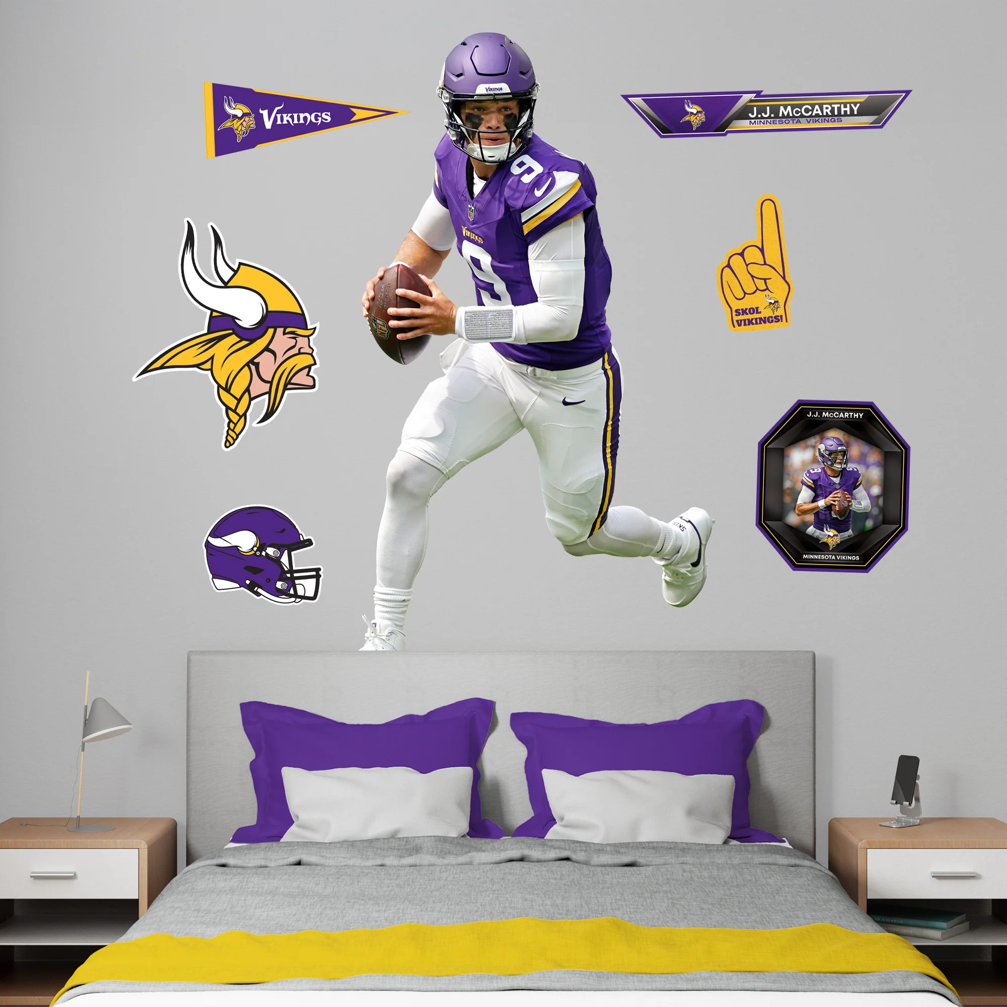 J.j. Mccarthy - Realbig Collection - Official Nfl - Minnesota Vikings - Reusable Vinyl Wall Decals - Small +3 Decals (10"w X 16.5"h)