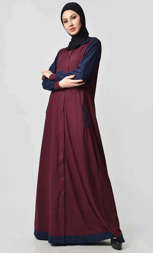 Comfy Hooded Front Open Jersey Abaya - Maroon - L/58[+$4.99]