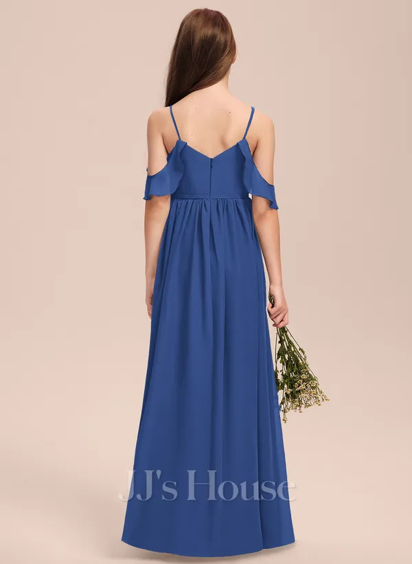 A-line Cold Shoulder Floor-length Chiffon Junior Bridesmaid Dress (009268402)