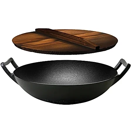 Nutrichef Pre-seasoned Cooking Wok - Cast Iron Stir Fry Wok With Wooden Lid - 2 Pieces