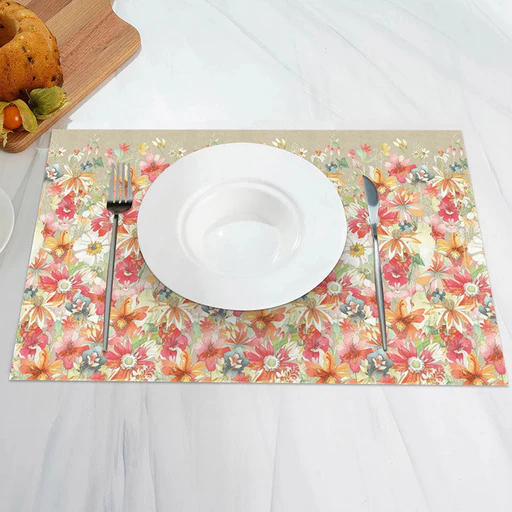 Pink Floral Green Leaves Spring Set Of 4 Placemats - 14x12 Inch
