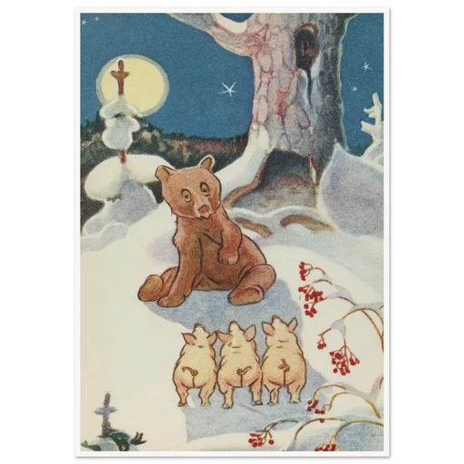 Bear And Pigs Snowy Night - 60x80 Cm / 24x32″/poster/-