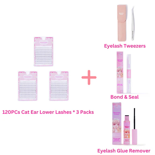 120pcs Cat Ear Lower Lashes - 3 Packs + Accessories (tweezers + Bond & Seal + Lash Remover)