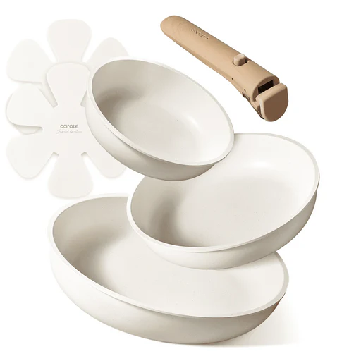 Carote 6 Piece Nonstick Cookware Sets, Pots And Pans With Removable Handle, White