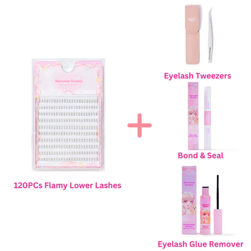 120pcs Flamy Lower Lashes - 1 Pack + Accessories (tweezers + Bond & Seal + Lash Remover)