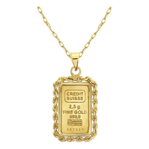 2.5 Gram Pamp Credit Suisse Gold Bar With 3mm Rope Bezel Necklace 16"