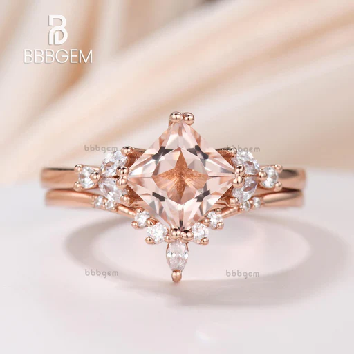 Leaf Princess Cut Peach Morganite Anniversary Rings Set In 14k Rose Gold