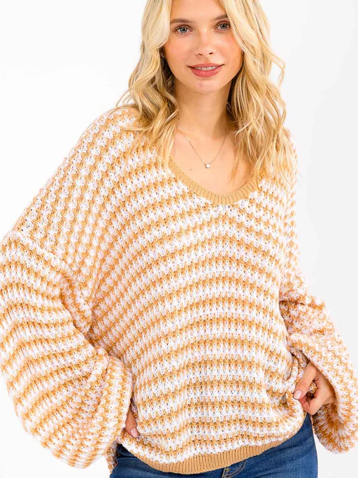 Women's Long Sleeve V-neck Colorblock Oversized Pullover Sweater - Black/3-2 (s/m-m/l)