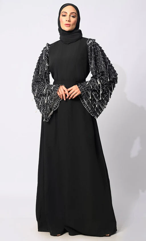 Classic Black Abaya With Tiered Frill Sleeves And Belt - Xl/56[+$4.99]