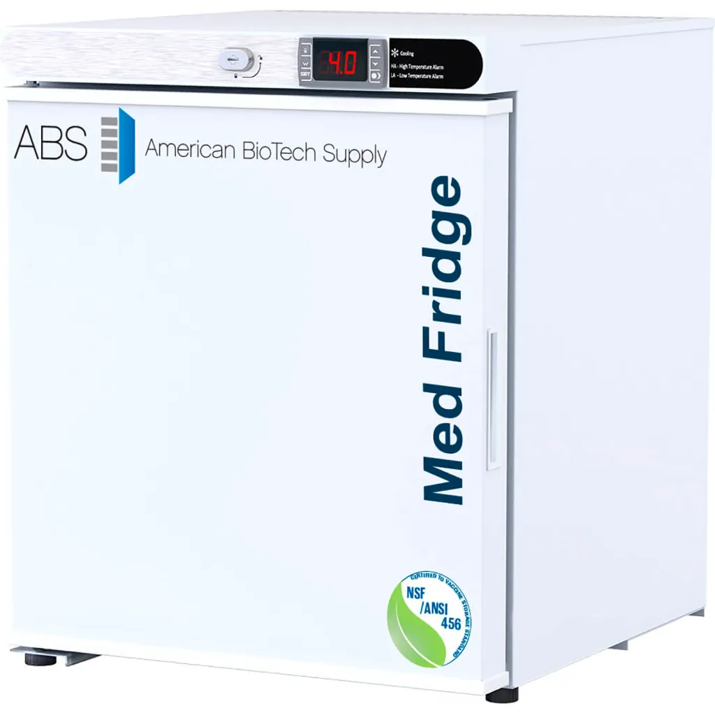 American Biotech Supply Pharmacy Countertop Freestanding Refrigerator, 1 Cu. Ft Capacity, Solid Door