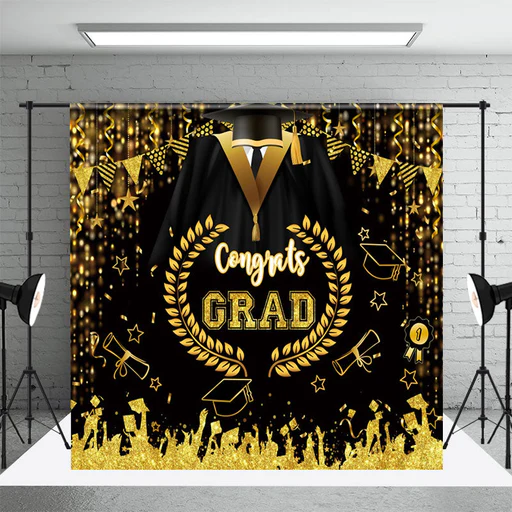 Bachelor Gown Gold Black Flag Graduation Backdrop - 6x6ft(1.8x1.8m)