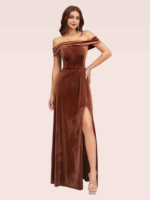 Elegant Stretch Velvet Off Shoulder Side Slit Long Formal Prom Dresses Online - Champagne