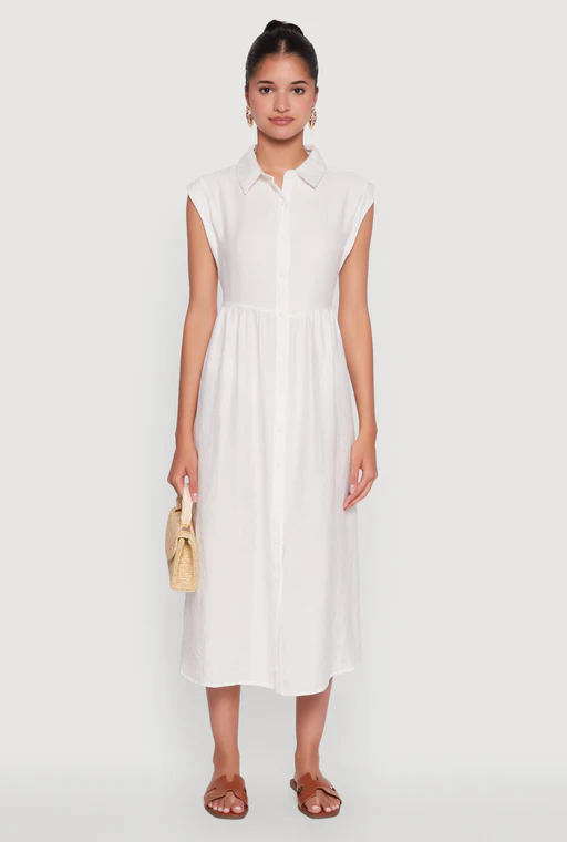 Linen Mid Length Shirt Dress With Cap Sleeves