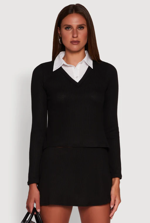 Shirt Collar Layered Look Sweater