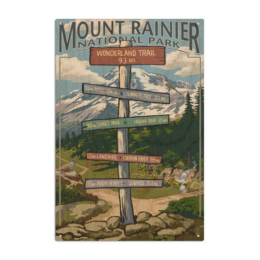 Mount Rainier National Park, Washington, Wonderland Trail Destination Sign, Lantern Press, Wood Signs And Postcards - 6x9 Wood Sign