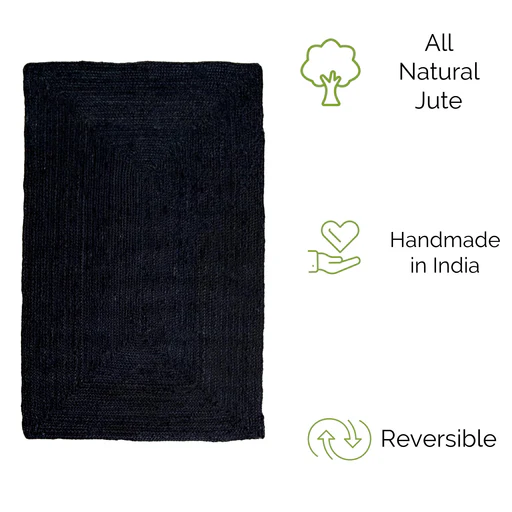 Black Jute Rug - Plant Based - Reversible Braided Eco-friendly Rug