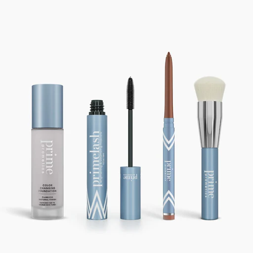 Prime Perfection Bundle - Color Changing Foundation + Black Mascara + Mulberry Eyeliner + Foundation Brush