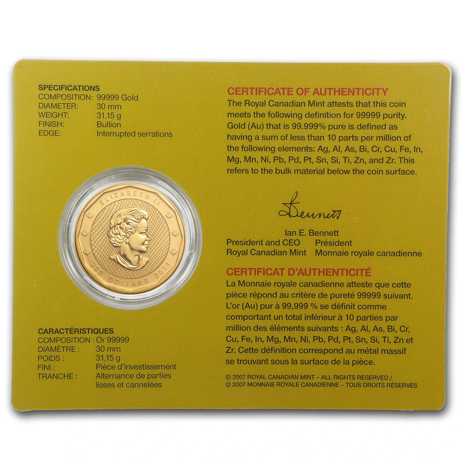 2011 Canada 1 Oz Gold Mountie Maple Leaf .99999 Bu (w/assay Card)
