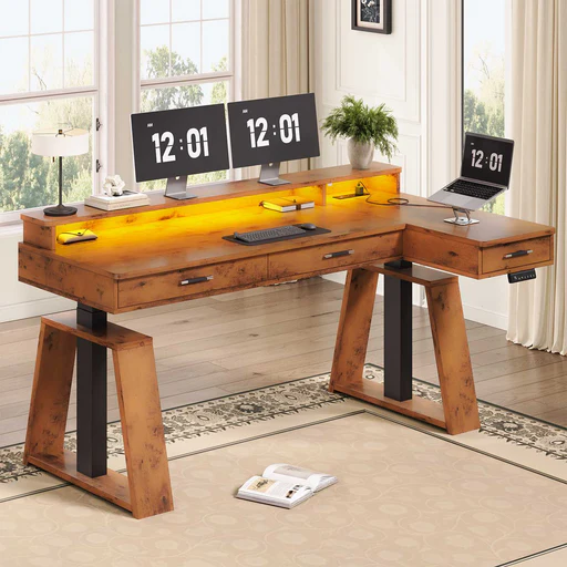 Sedeta 59 Inch Sit Stand Computer Table Executive Adjustable Desk With Power Outlets L Shaped Electric Standing Desk With Drawers Monitor Stand