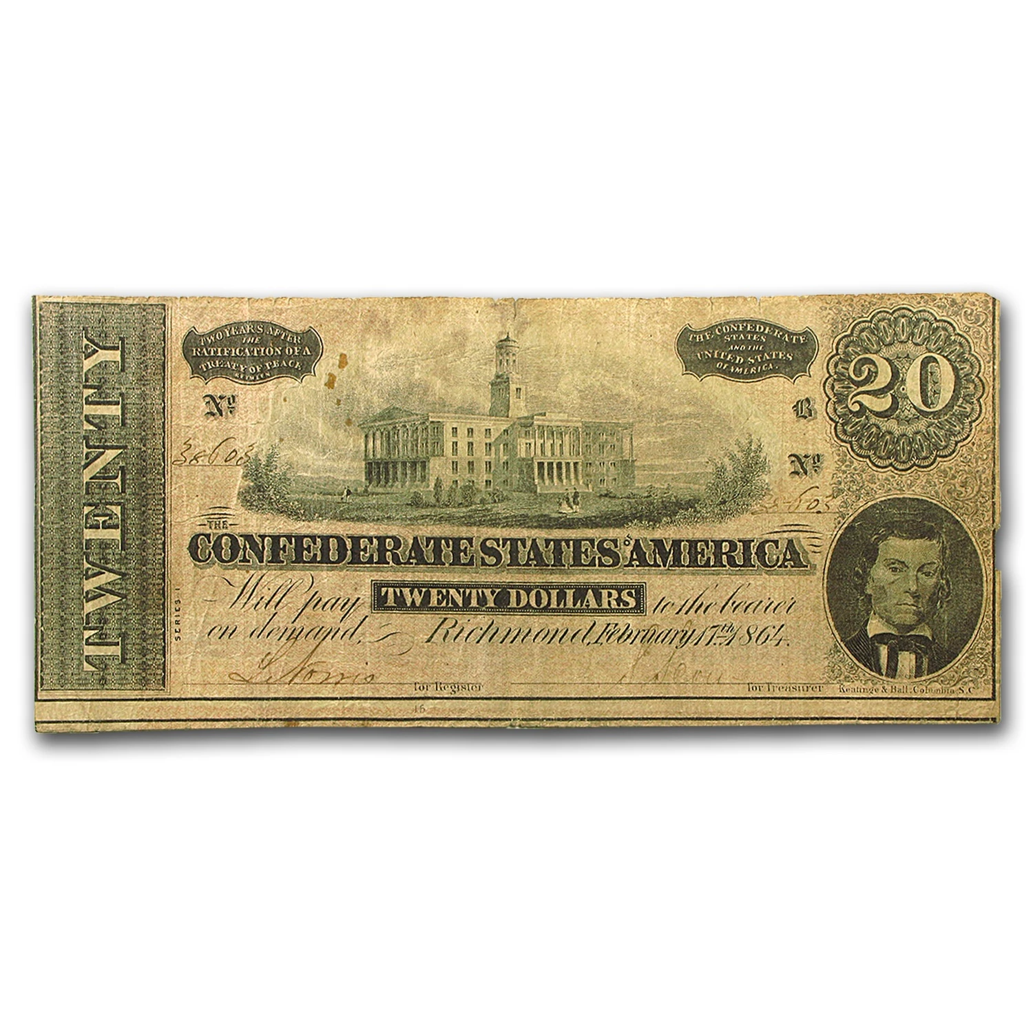 1864 $20 (t-67) Capitol @ Nashville, Tn Vg-vf Confederate Currency Note
