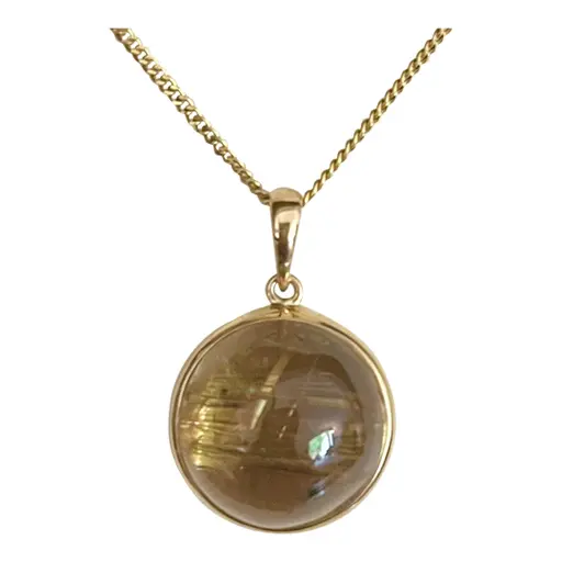 Large Cabochon Rutilated Quartz Gold Pendant On 18 K Chain