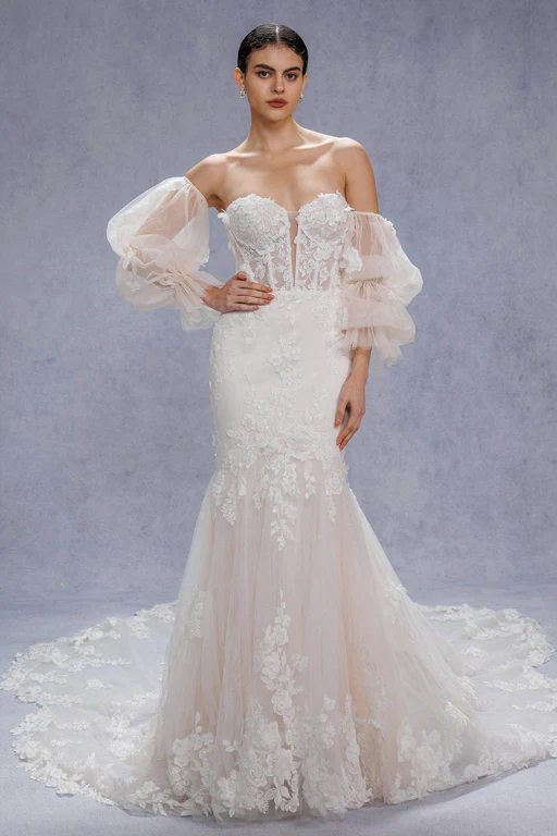 Trumpet-mermaid Chapel Train Lace Tulle Wedding Dress Cw3541 - Ivory/custom Size